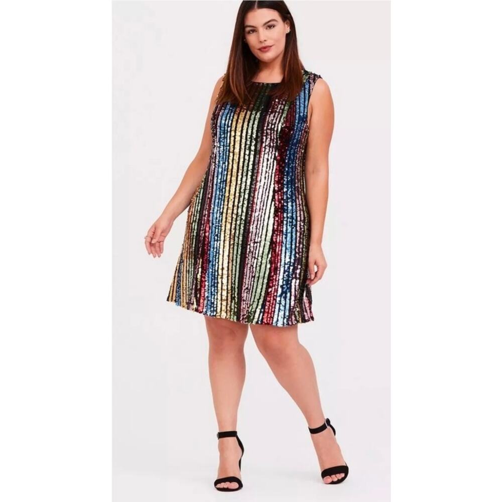 Torrid Rainbow Sequin Vertical Striped Trapeze Shift Cocktail Glam Dress Size 3